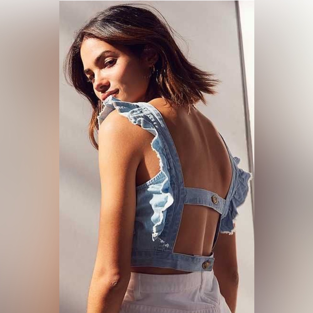 Women's Light Blue Denim Ruffle strap crop top